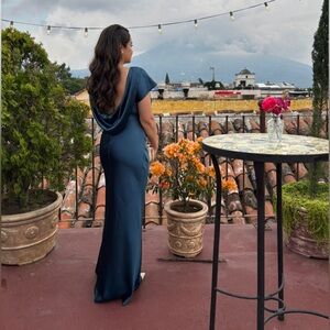 Lulus Satin Cowl Back Maxi Dress in Dark Teal